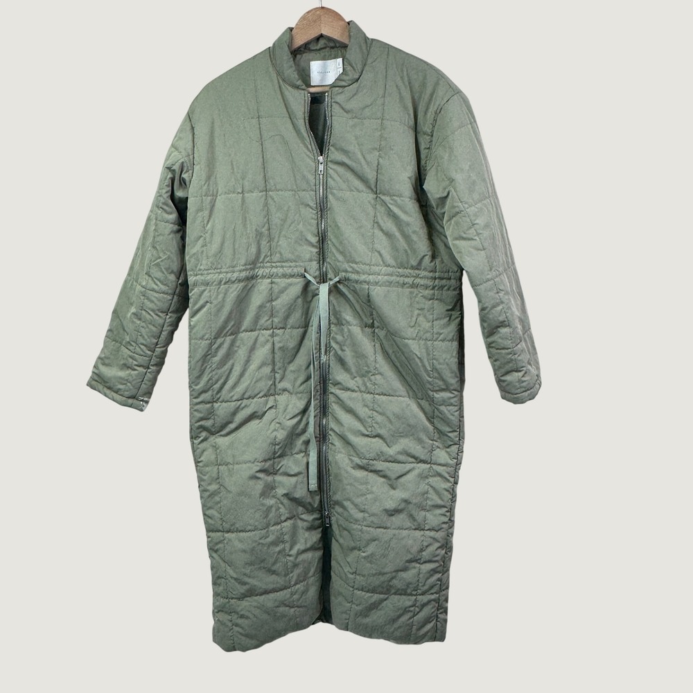 all:row Quilted Long Puffer Coat Womens Small Olive Green Utilitarian Minimalist
